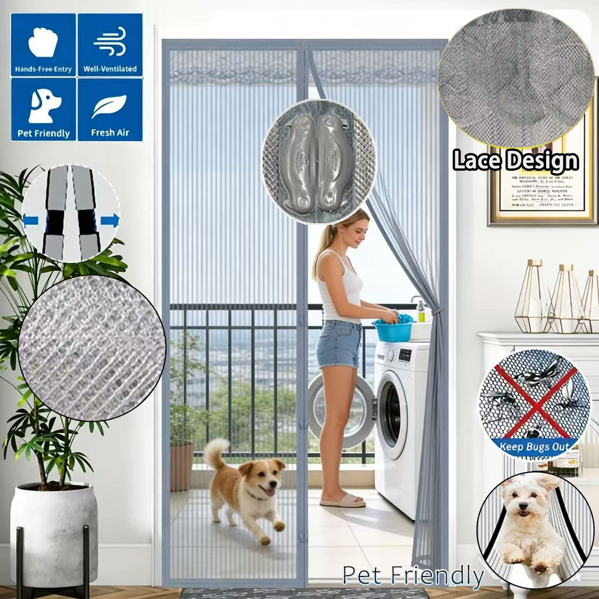 Magnetic Screen Door Curtain - Manual or Automatic Closing Mesh, White Stripe Design, Mosquito-proof Summer Breathable Partition, Suitable for Living Room, Bedroom, Garage, Kitchen - No Drilling Neede