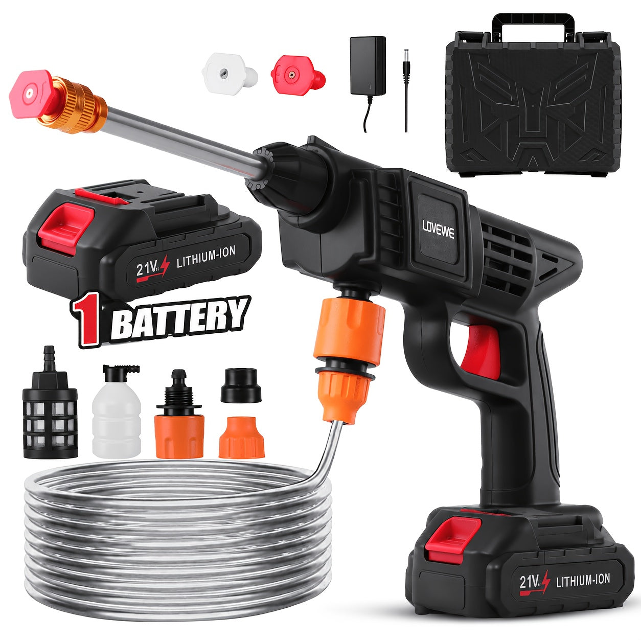 300W Cordless High Pressure Power Car Wash with 2 Rechargeable Lithium-Ion Batteries, 6‑in‑1 Nozzle, 1.3 GPM Handheld Foam Gun