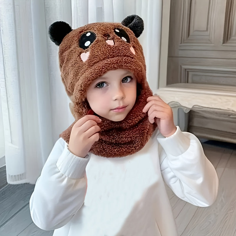 Cozy Cartoon Animal Ear Beanie for Kids – Thick Lined Soft Winter Hat with Neck Warmer, Hand Washable, Ages 3‑14