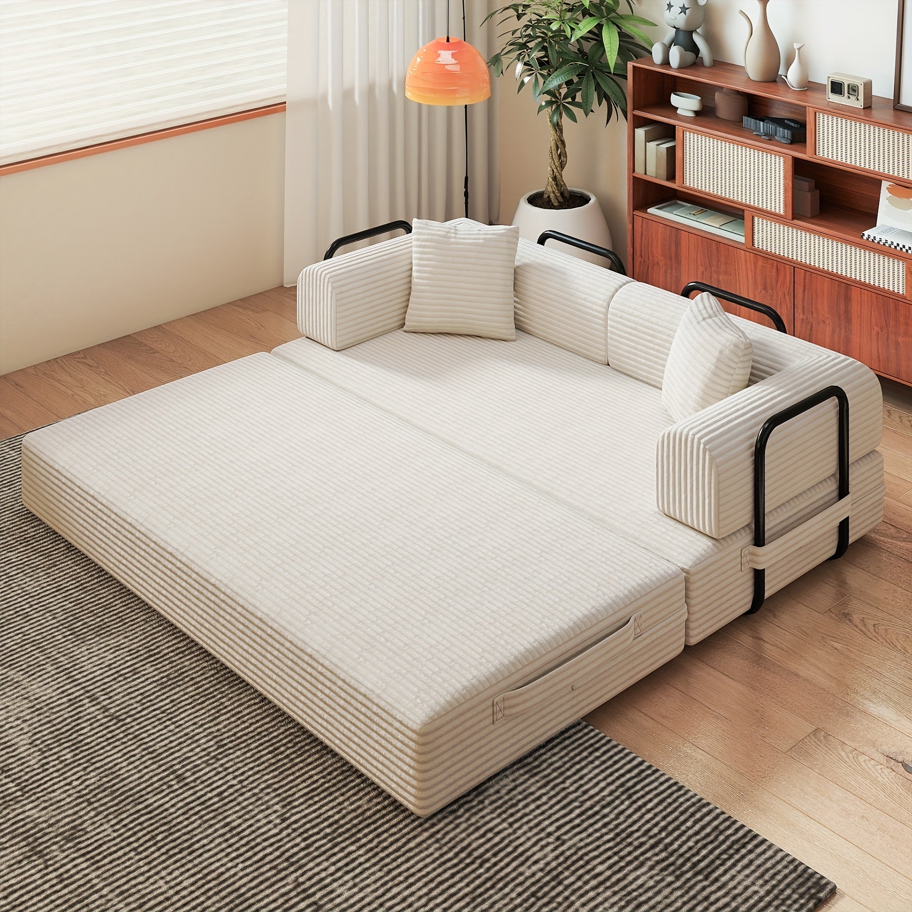Modular L-shaped chaise longue sofa bed with deep seat and corduroy upholstery