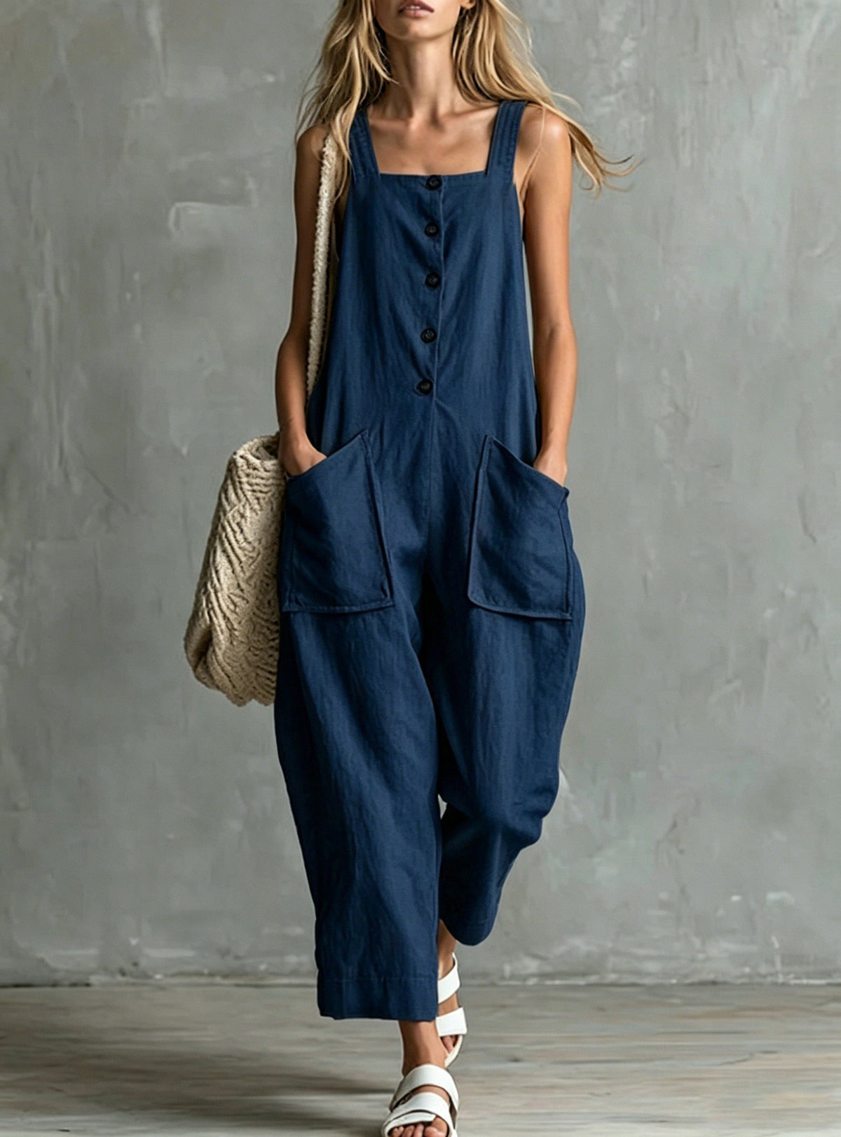 Wide-Leg Linen Overalls with Pockets
