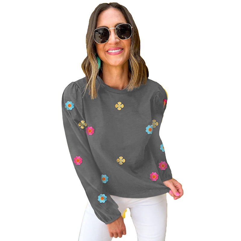 Floral Embroidered Long Sleeve Pullover Cotton Sweater
