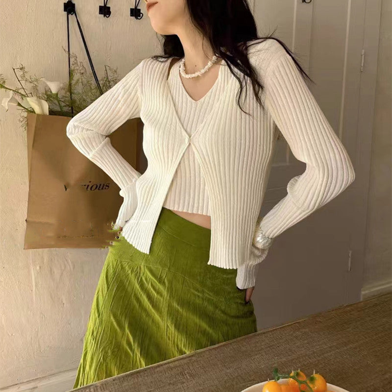 Women's Fake Two-piece Sunken Stripe Long-sleeved Sweater