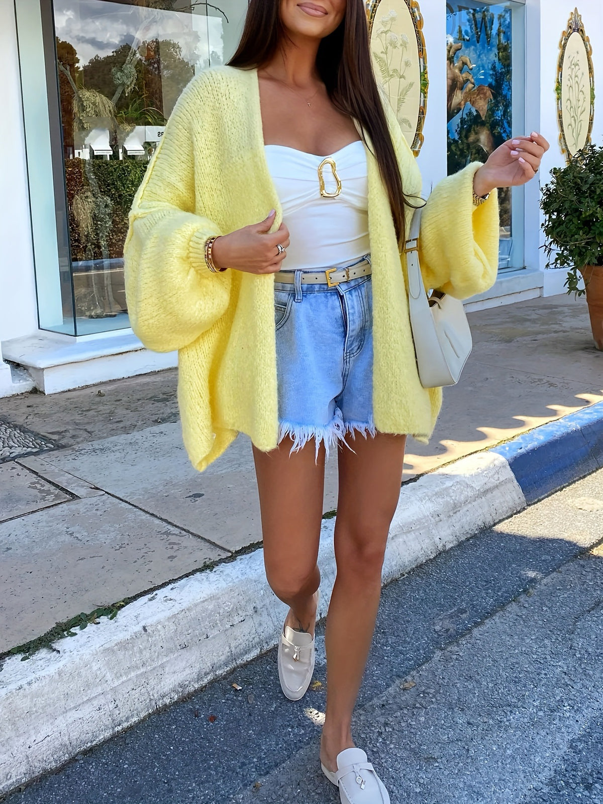 Autumn and Winter New Lantern Sleeve Outer Match Knitted Cardigan Women's Korean Style Lazy Style Bark Texture Sweater Baggy Coat