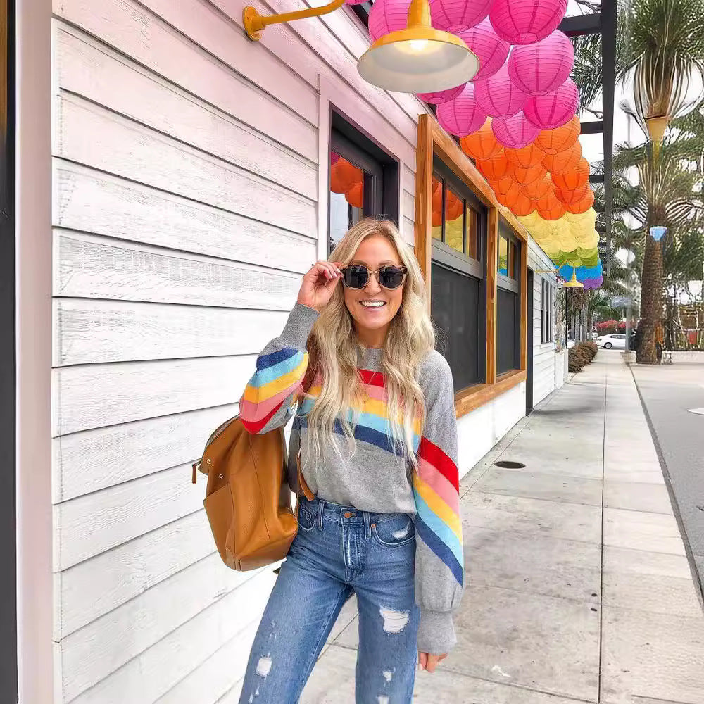Colorful Rainbow Striped Casual Long Sleeve Pullover Sweatshirt