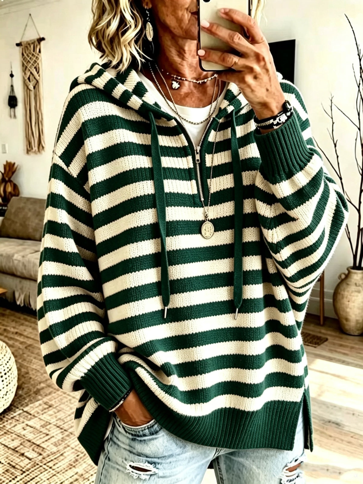 Retro Color-block Striped Half-zip Sweater with a Mock Neck