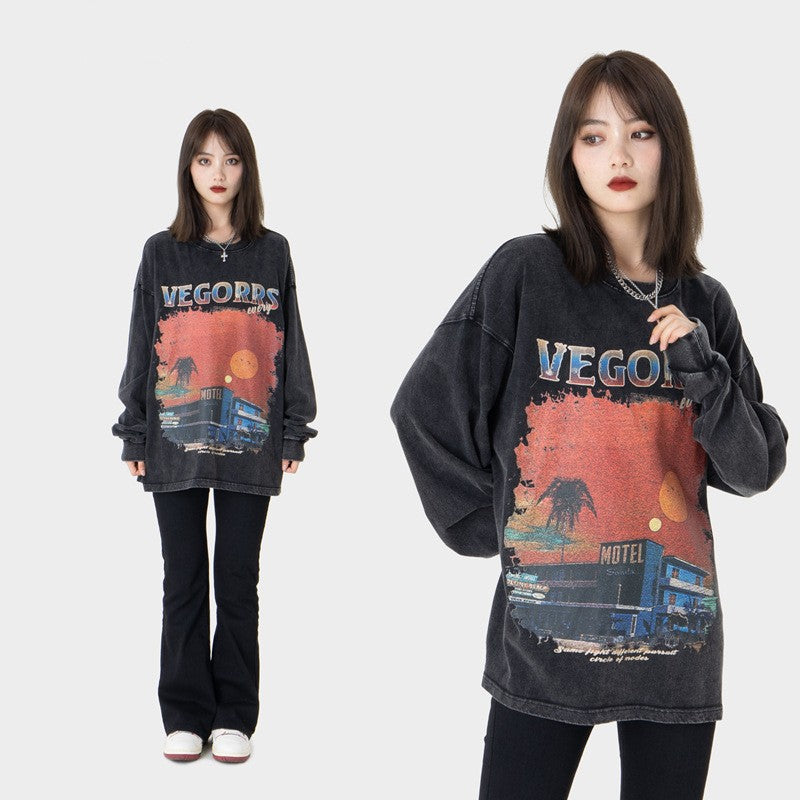 Vintage Washed Letter Print Cotton Crewneck Sweater