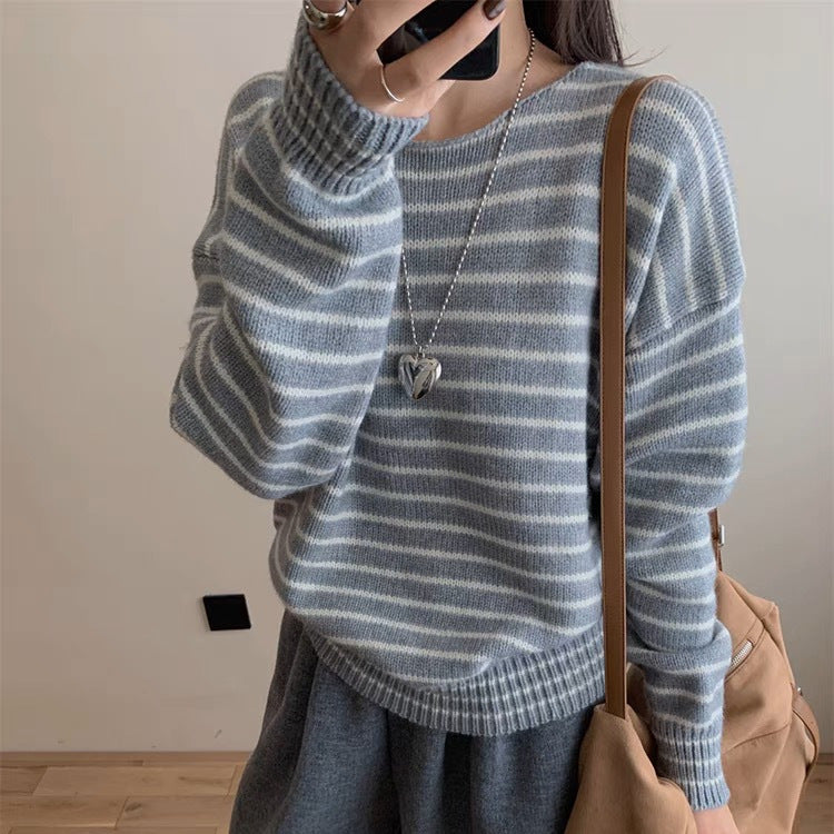 Korean-style Striped Knitted Casual Sweater Top for Women