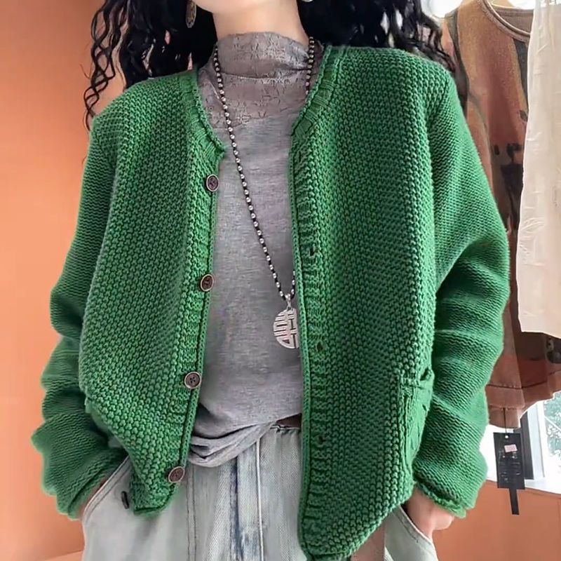 Women's Solid Color Round Neck Long Sleeve Knitted Sweater Coat