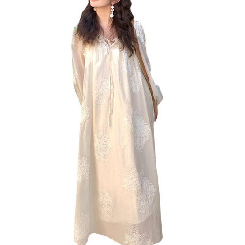 French Vintage Embroidered Lace-Up A-Line Dress