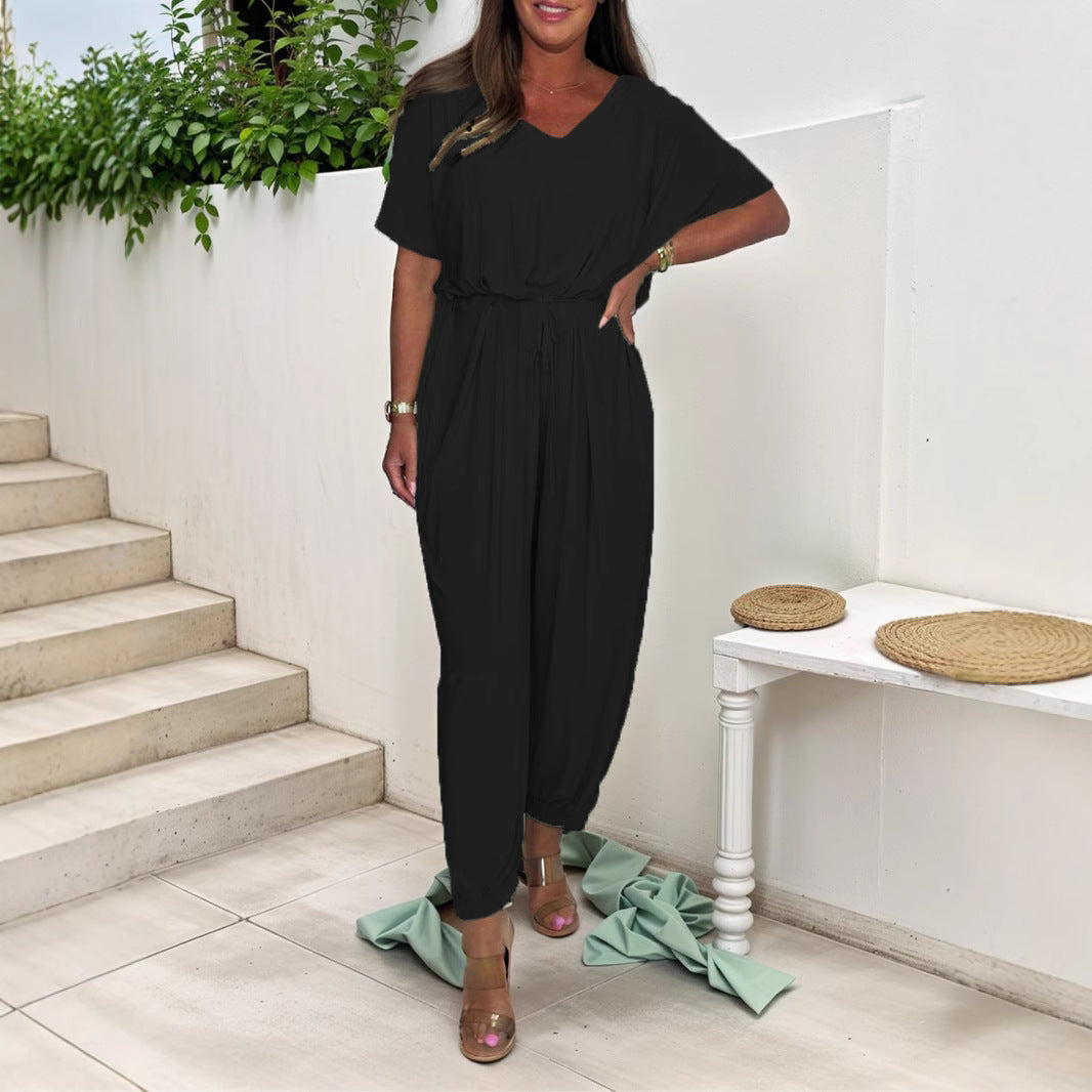 Chic V-Neck Lace-Up Loose Jumpsuit for Women