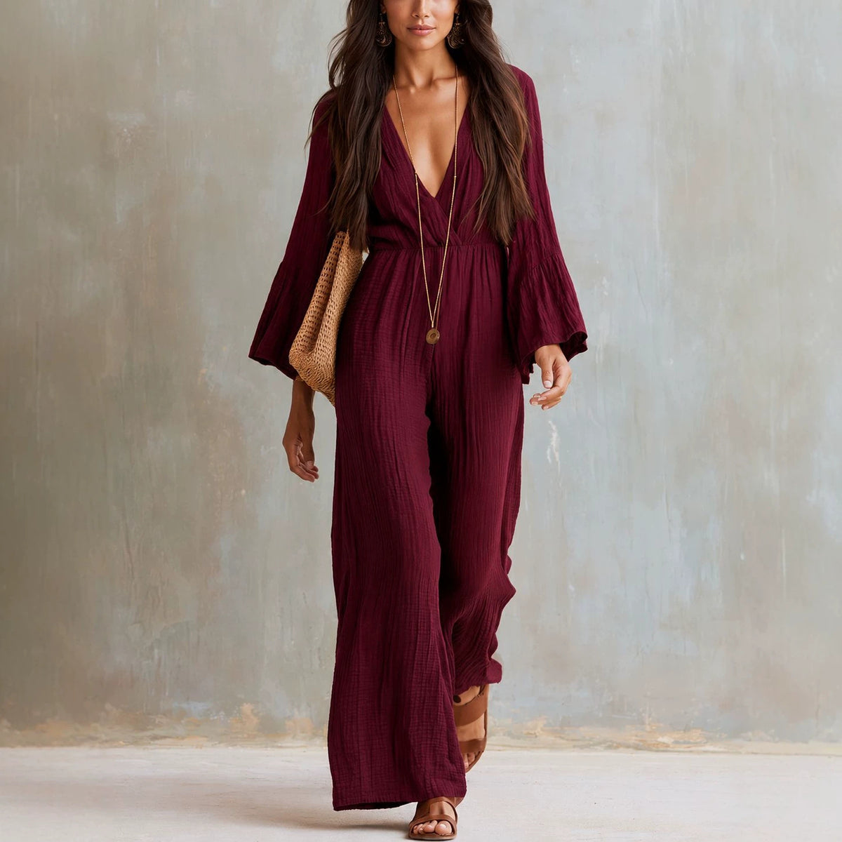 Womens Long-sleeve V-neck Bohemian-style Elastic-waist Jumpsuit