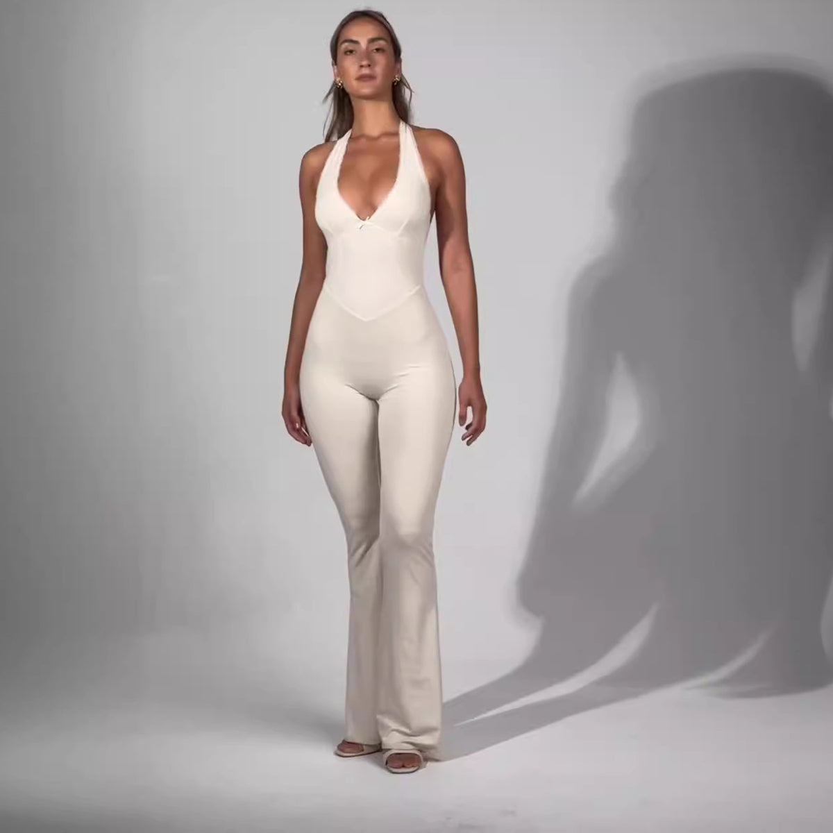 European And American Solid Color Low-cut U-neck Stretch Tight Sexy Sleeveless Jumpsuit