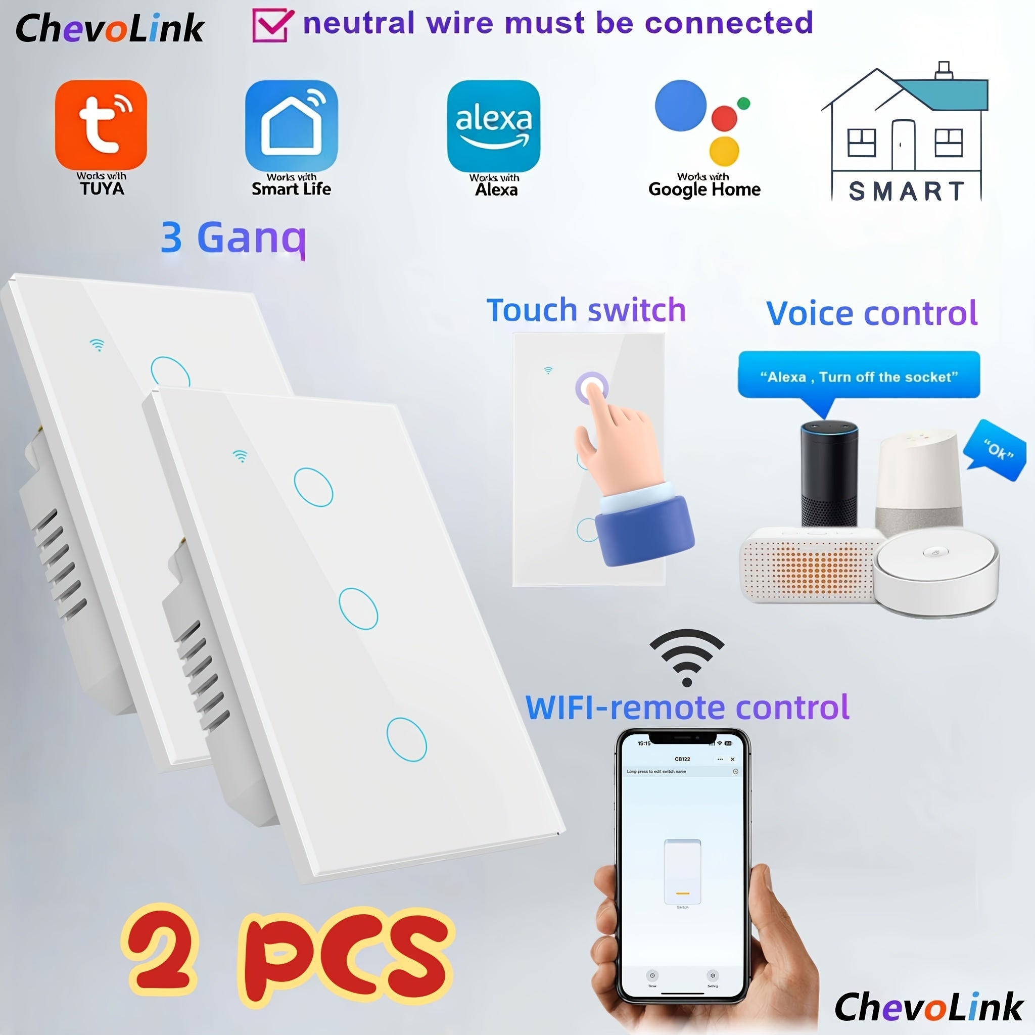 Set of Two White Smart Wi‑Fi Wall Switches with Touch Control, Voice and Timer, Neutral Wire Required