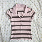 Pink Striped Polo Collar Top – Slim Fit, Casual & Flattering