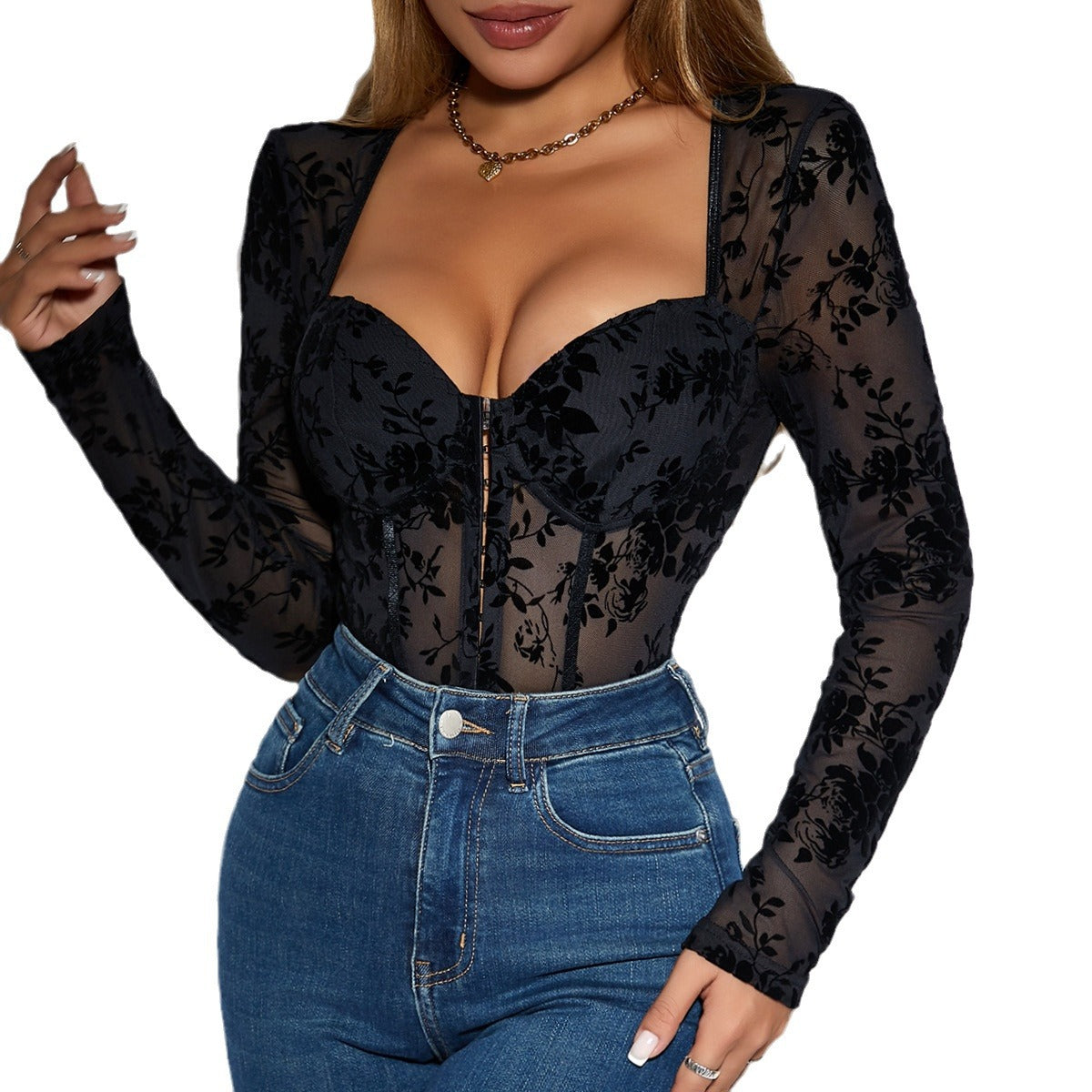 Elegant Lace Long-Sleeve Button Romper