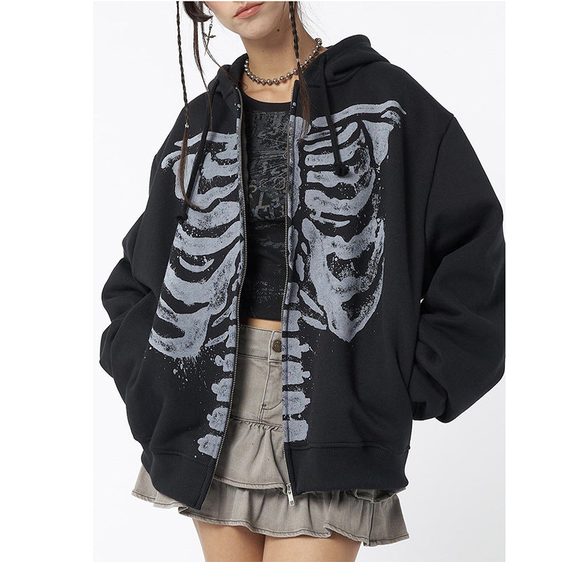 Edgy Skeleton Print Long Sleeve Cardigan Sweatshirt