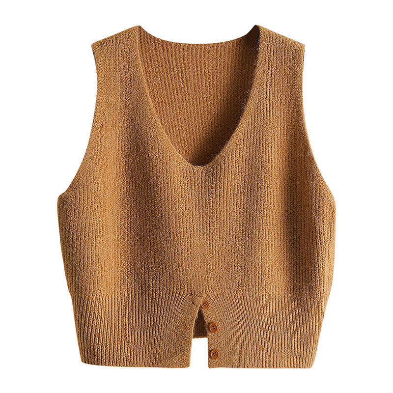 Layering a Sweater Over a Waistcoat and Wearing a Slit V Neck Knitted Vest