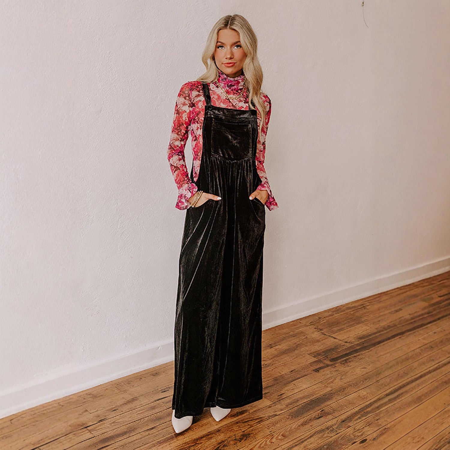 Womens Velvet Buttoned Ethnic-Style Jumpsuit