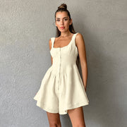 Khaki Cotton Linen Wide Leg Sleeveless Jumpsuit