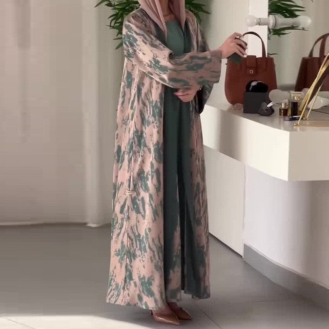 Long Printed Cardigan and Green Minimalist Skirt Set