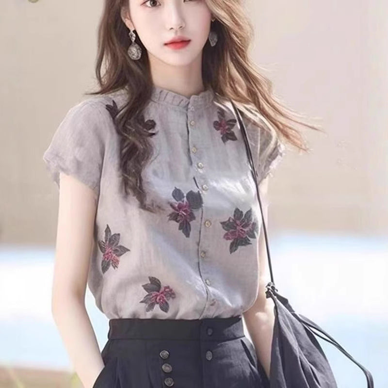 Chic Printed Stand-Collar Women’s Blouse – Short Sleeve, Lightweight Polyester