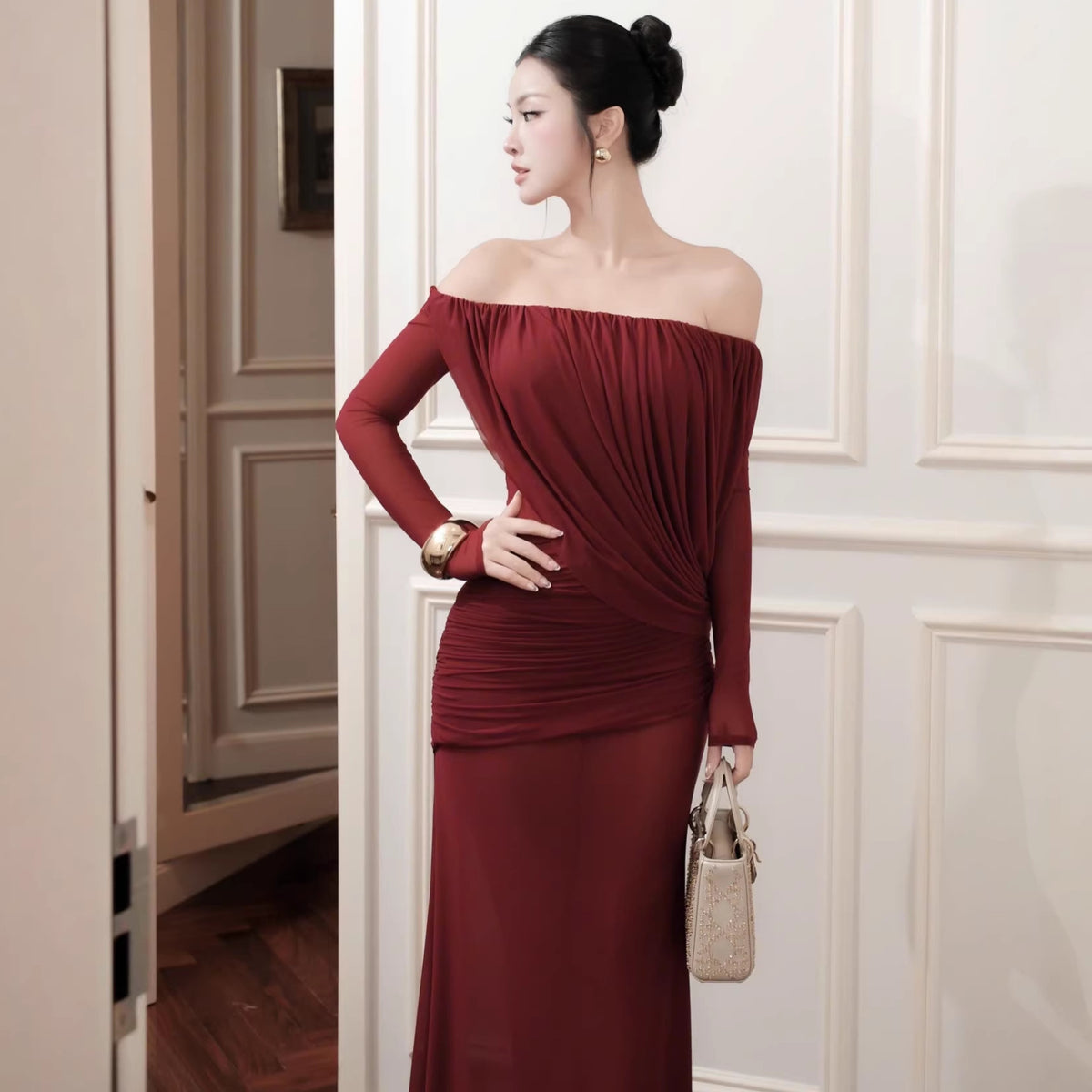 Womens Off-shoulder Straight-cut Dress