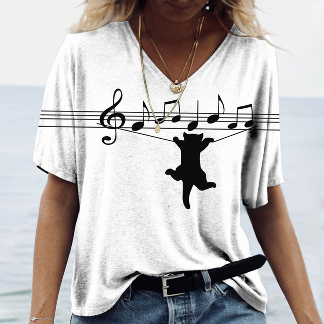 Cute Cartoon Cat V-Neck Women's T-Shirt