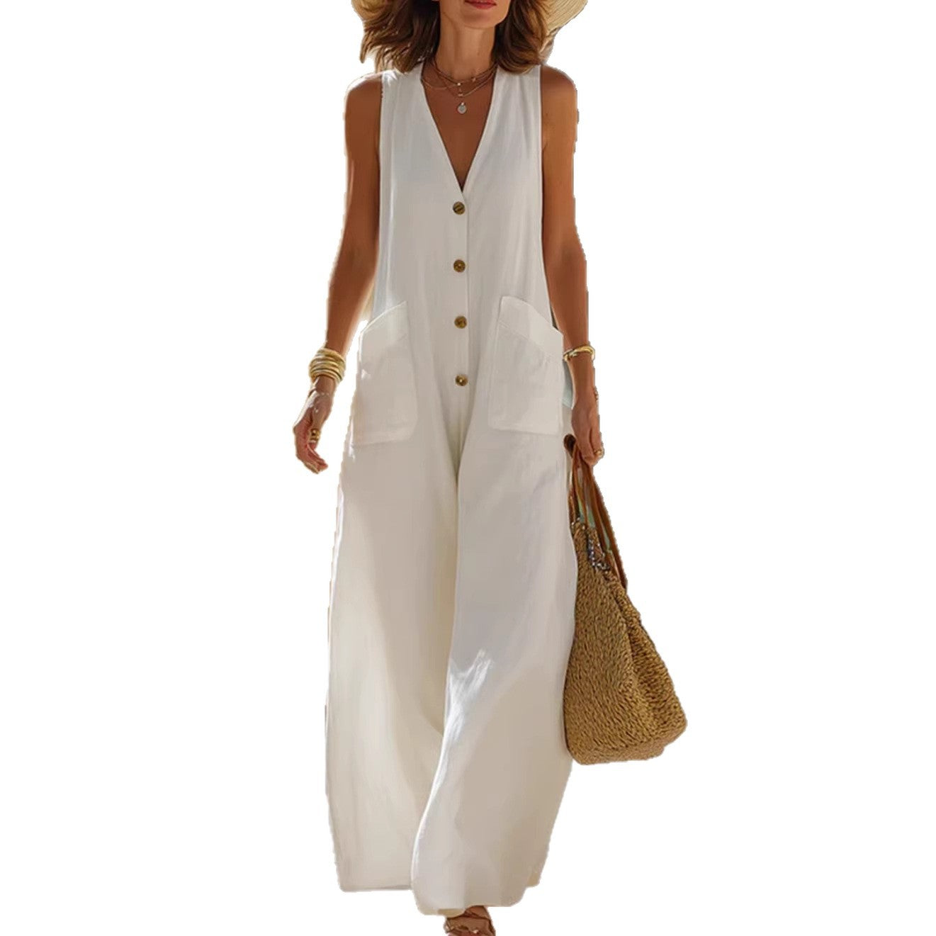 Cotton Linen Sleeveless Wide-Leg Jumpsuit with Pockets