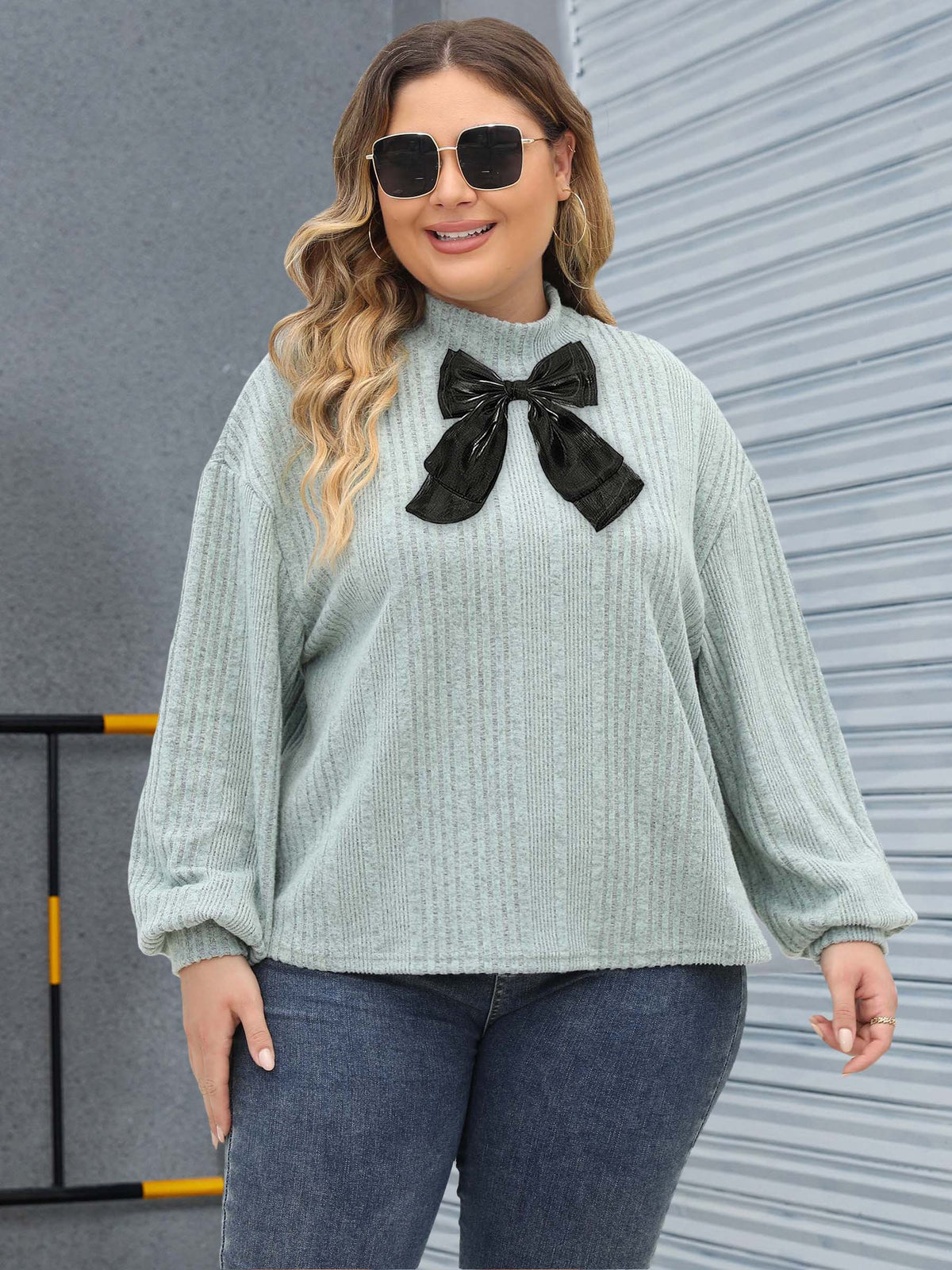 Half-high-neck T-shirt Top with Ribbon Bow Detailing and Ribbed Paneling Base Layer