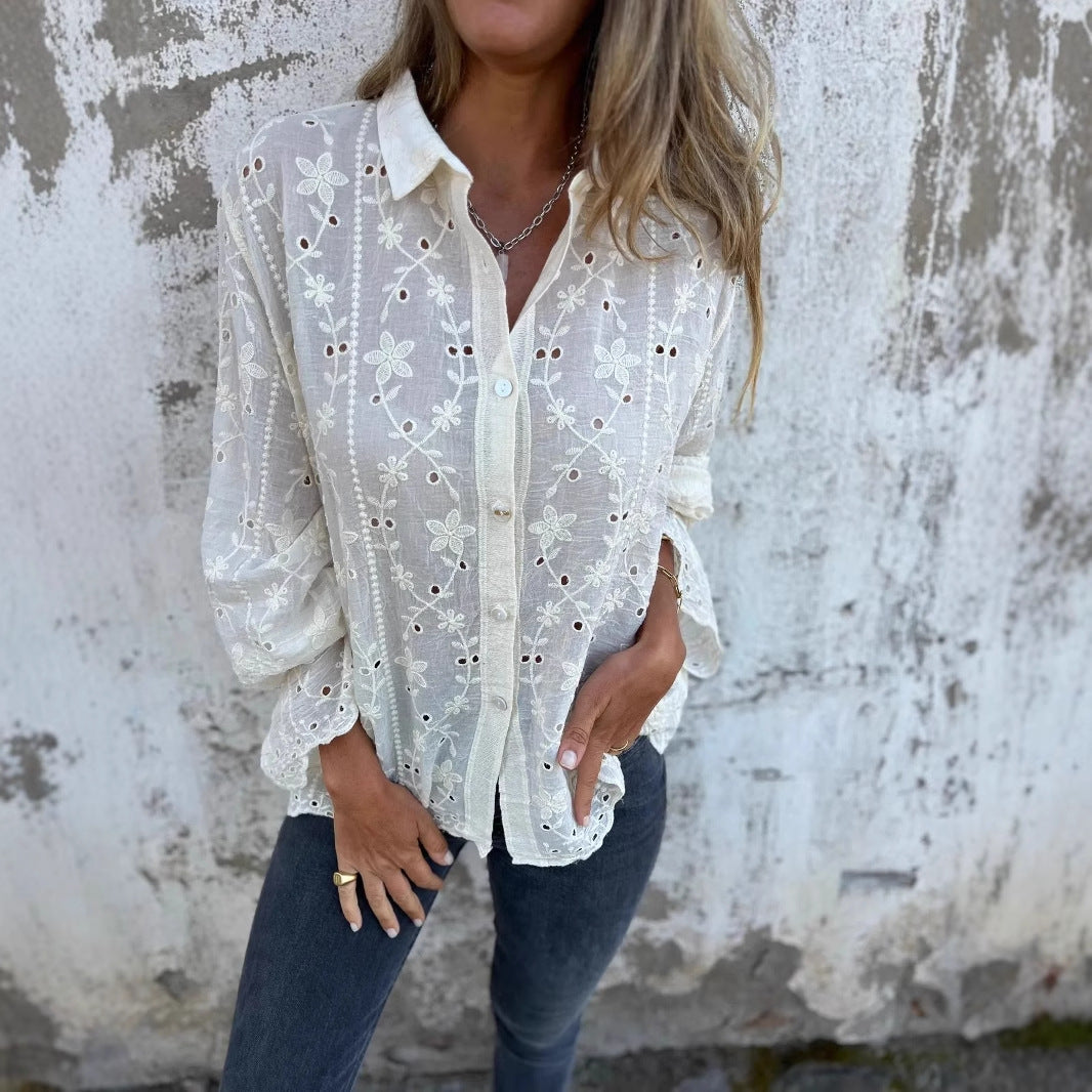 Sweet And Elegant Embroidered Hollow-Out Cotton-Linen Shirt Casual Top