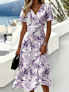 New Floral 3d Digital-print V-neck Short-sleeve Dress