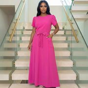 Womens Solid-color Loose-fit Short-sleeve Dress with Belt