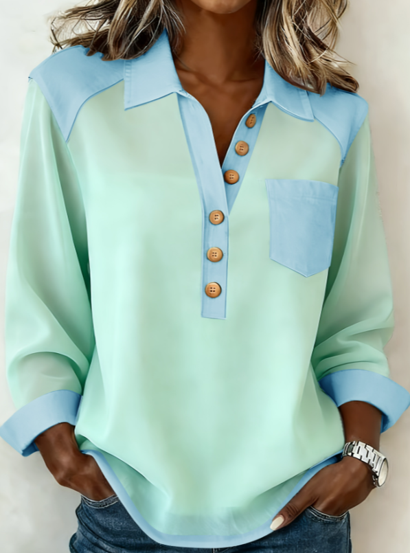 Denim Patchwork Collar Long-Sleeve Button-Down Top