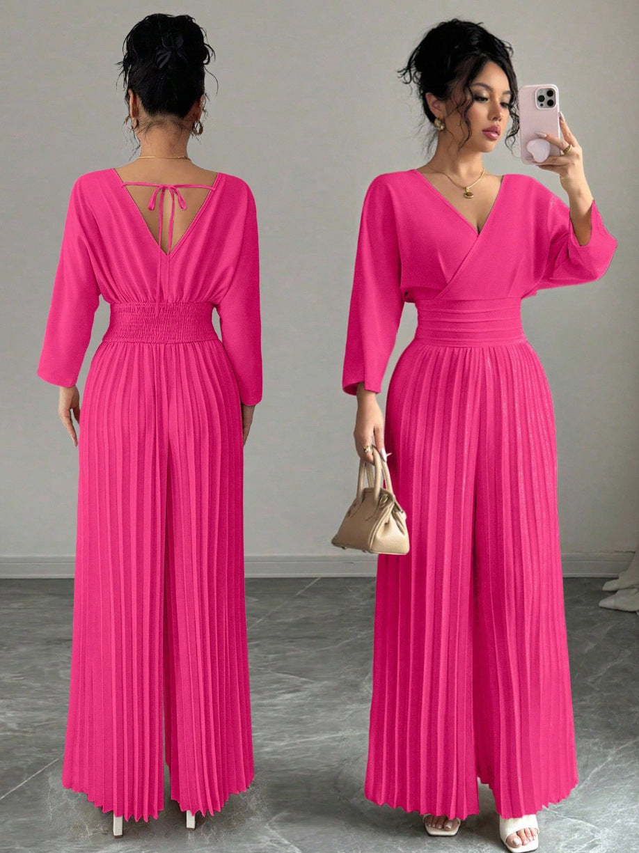Elegant V-Neck High-Waist Pleated Jumpsuit