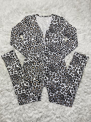 Chic Leopard Print Long Sleeve Home Jumpsuit