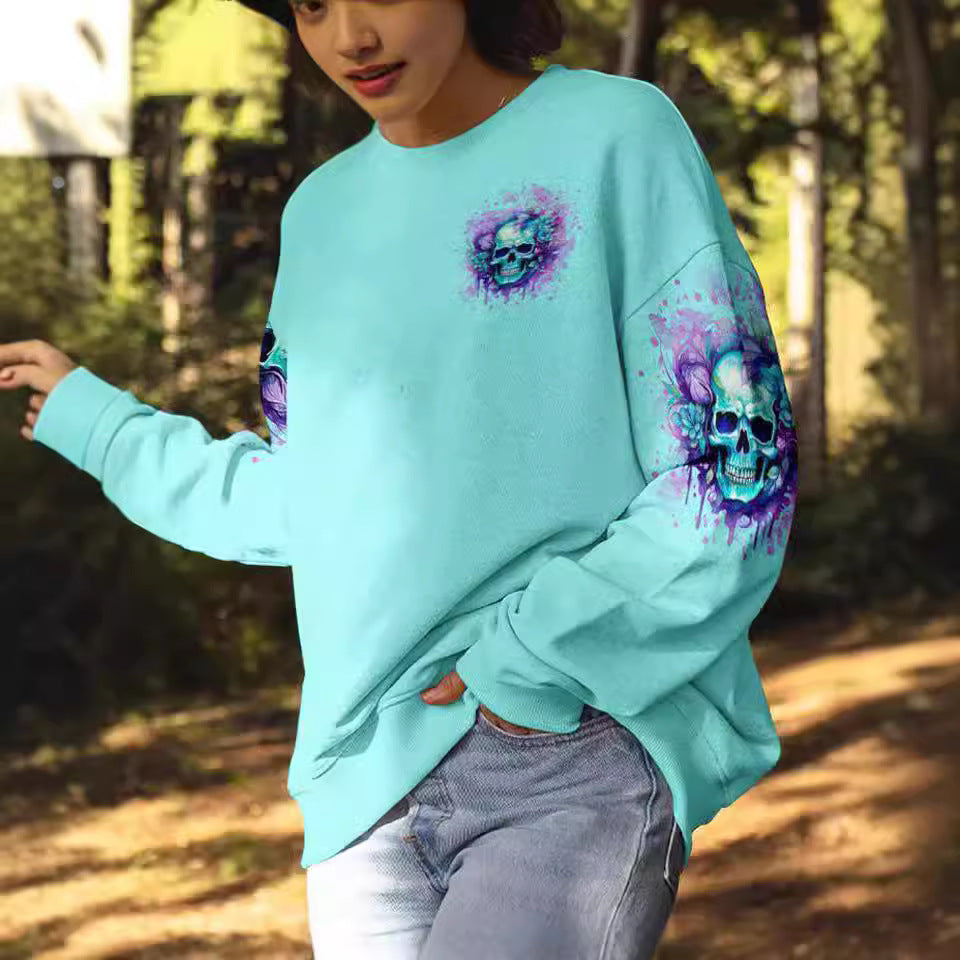 Trendy Green Skull Pullover Hoodie for Women