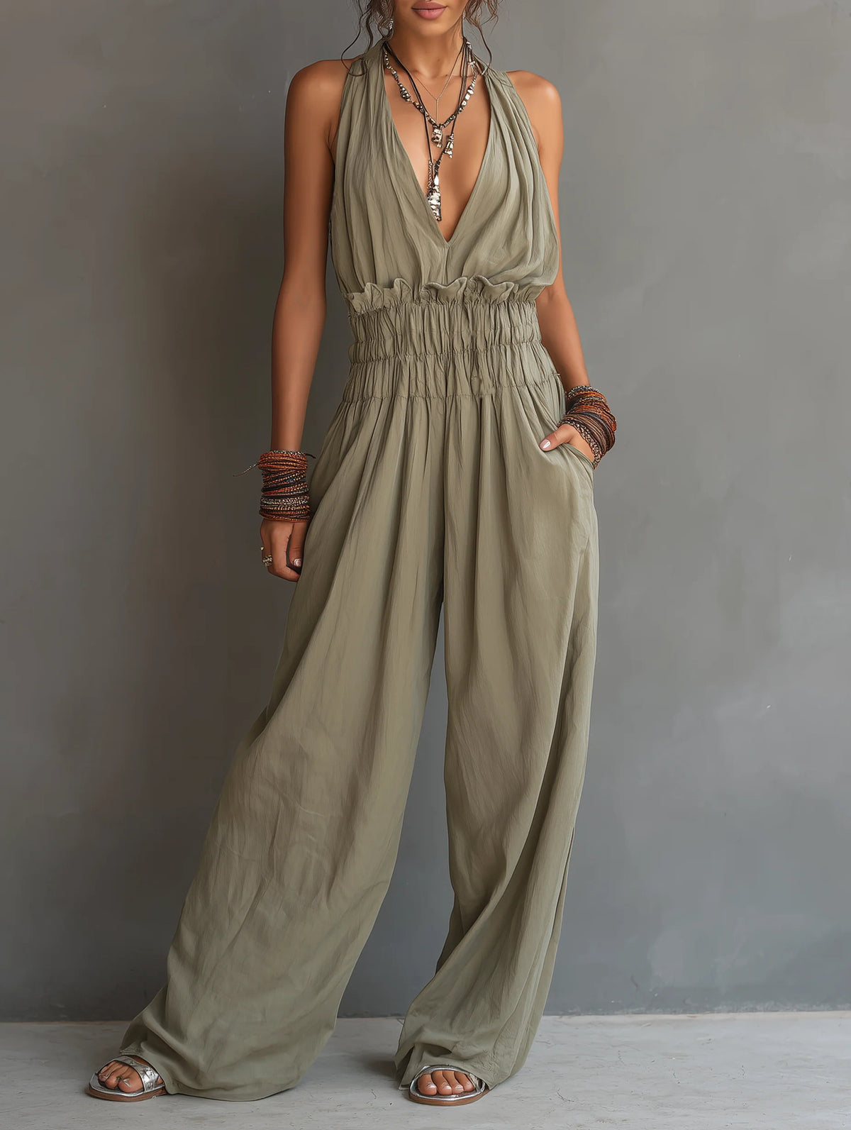 Halter V-Neck Waist-Cinching One-Piece Jumpsuit