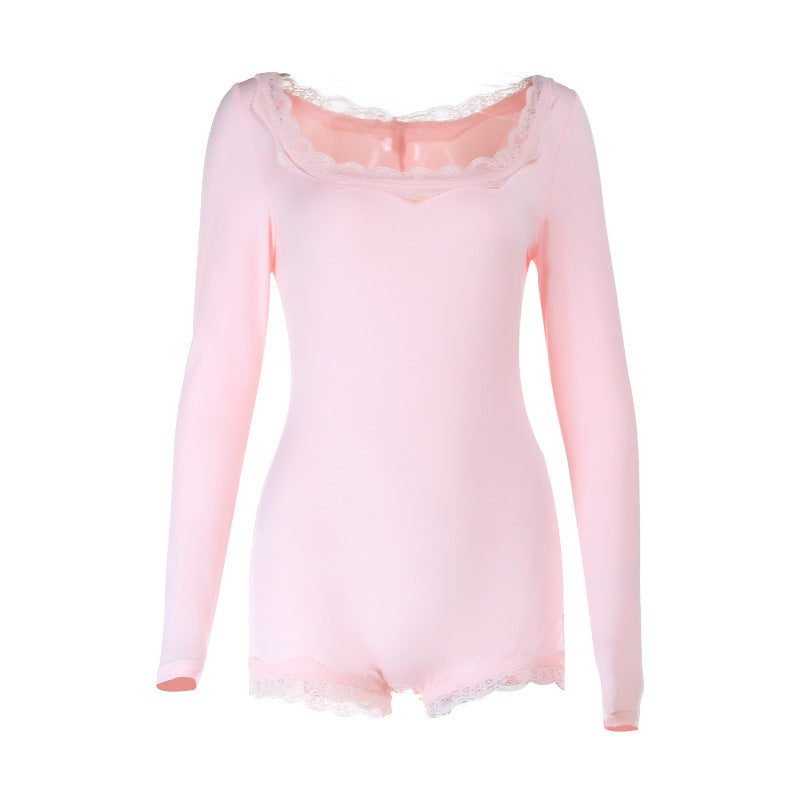 Chic Lace-Trimmed Casual Long-Sleeve Romper