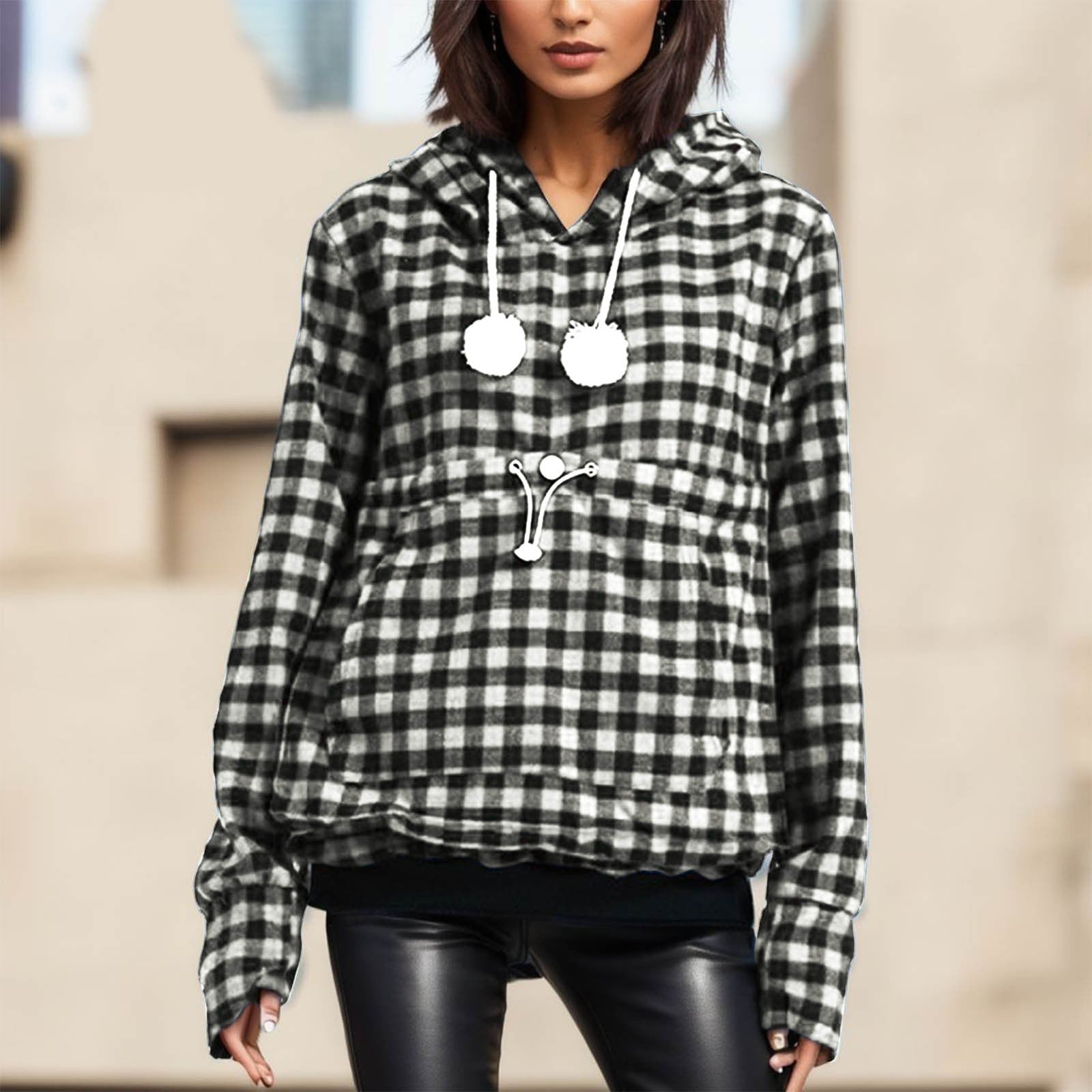 Cozy Plaid Pocket Hoodie with Cute Pet Pouch