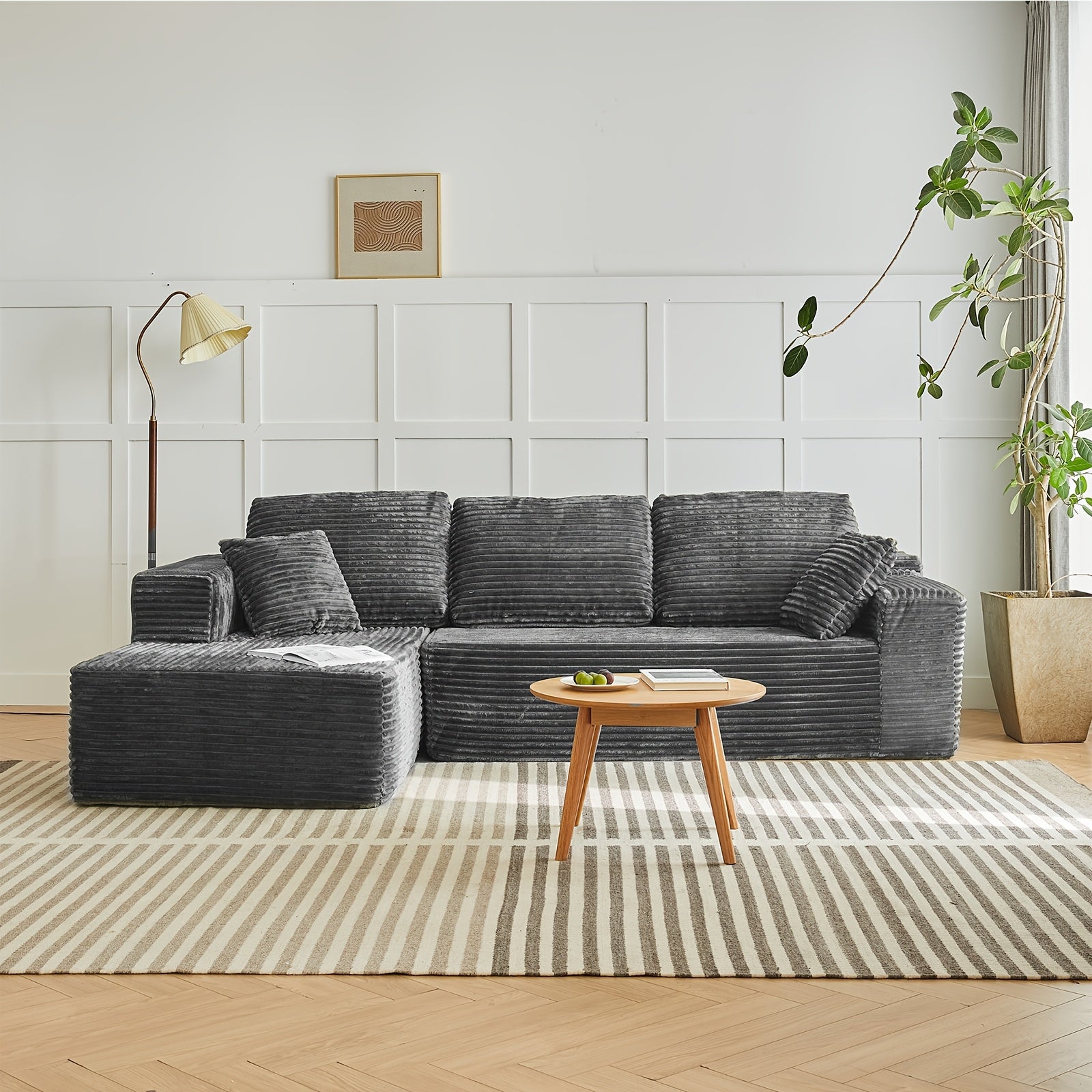 Left chaise L-shaped sectional sofa with memory foam cushions and corduroy upholstery