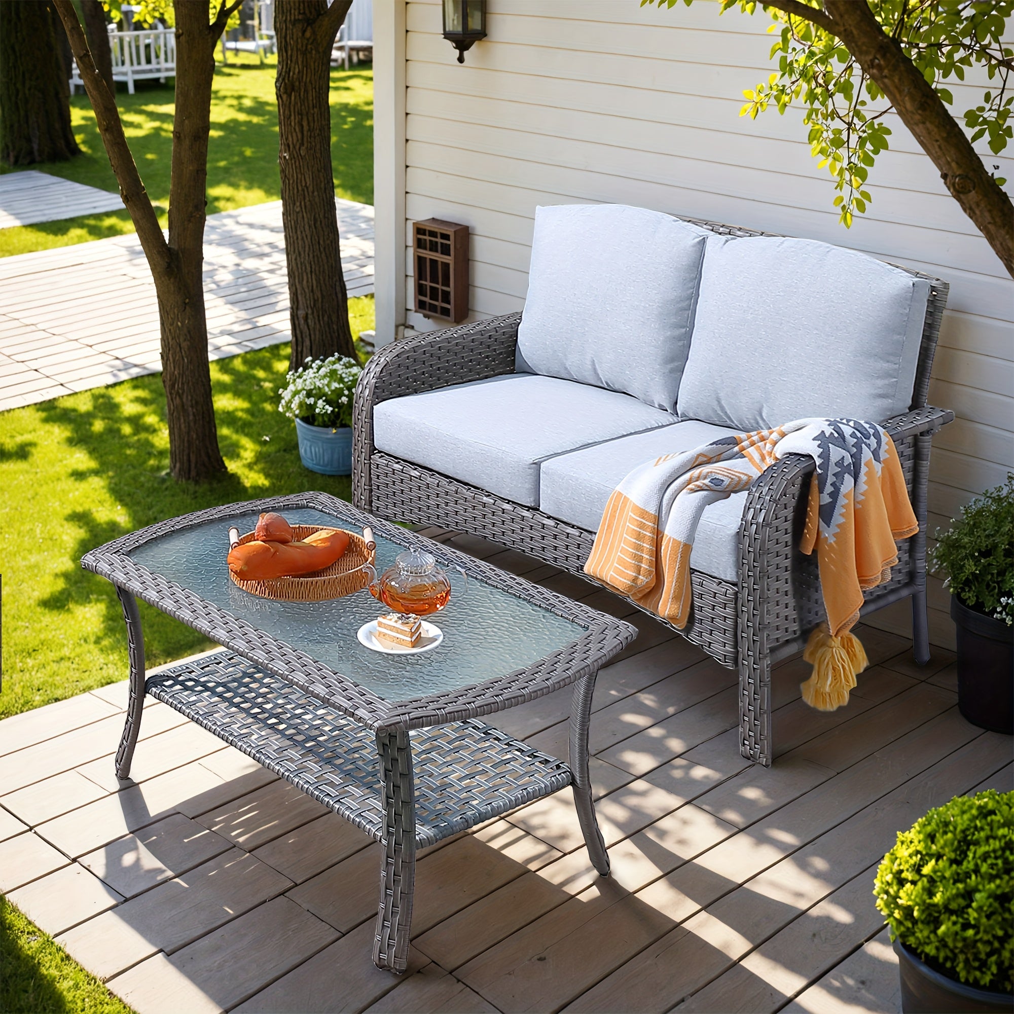 Outdoor Wicker Furniture Collection: Loveseat, Swivel Rocking Chairs, Patio Chairs, Rectangular Table, And Optional Side Table. Made with PE Rattan, Suitable for Patio, Backyard, Pool, Or Garden