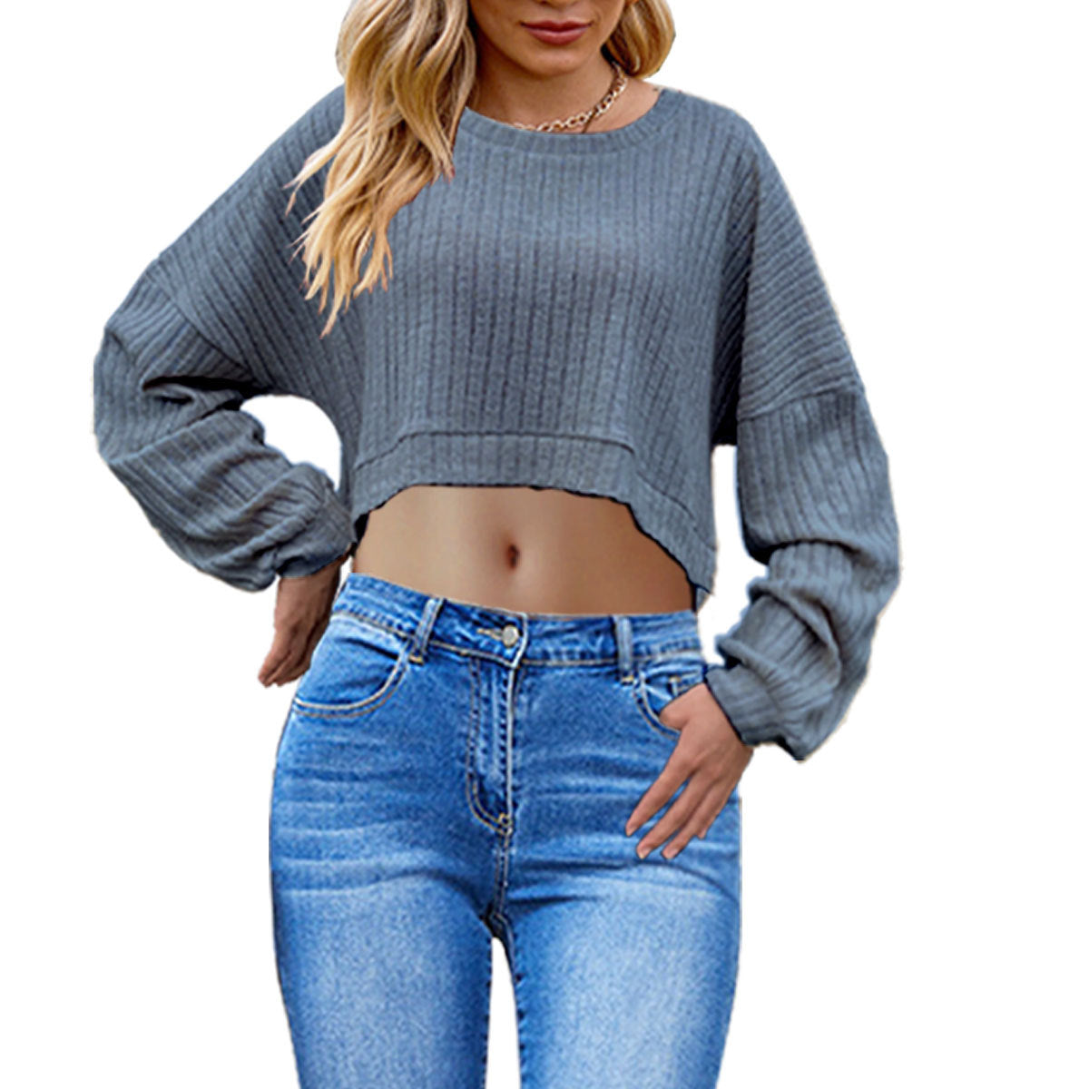 Chic Stripe Knitted Crop Top with Long Batwing Sleeves