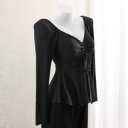 Chinese Gentle Knitted Drawstring V-neck Bottoming Shirt T-shirt Shoulder Slimming Slim Top