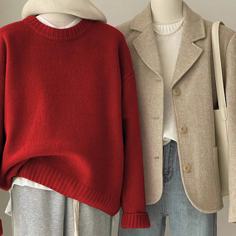 Retro Dark Green Sweater for Women Autumn and Winter Loose