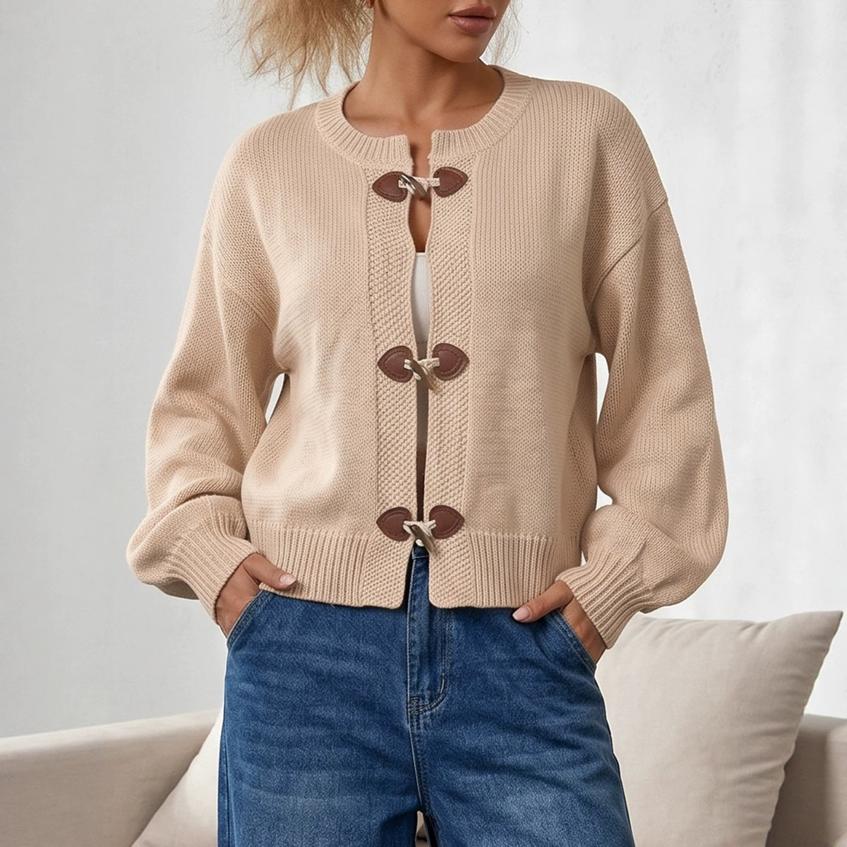 Vintage Horn-button Knitted Cardigan Womens Sweater