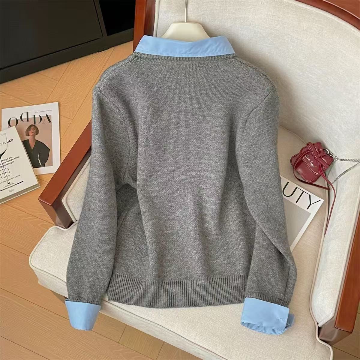 New Autumn Winter Womens Patchwork Faux Two-piece Sweater
