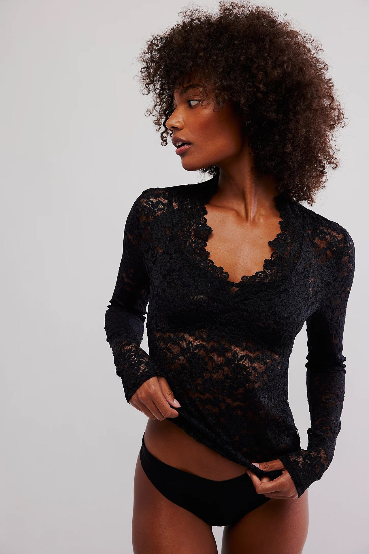 Hollow Lace Long-sleeved Top Bottoming Shirt V-neck
