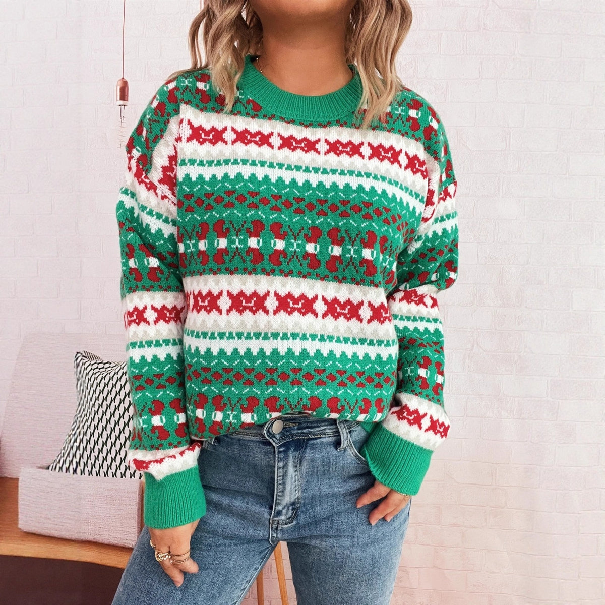 Cute Pattern Jacquard Contrast Color Round Neck Long Sleeve Casual Sweater