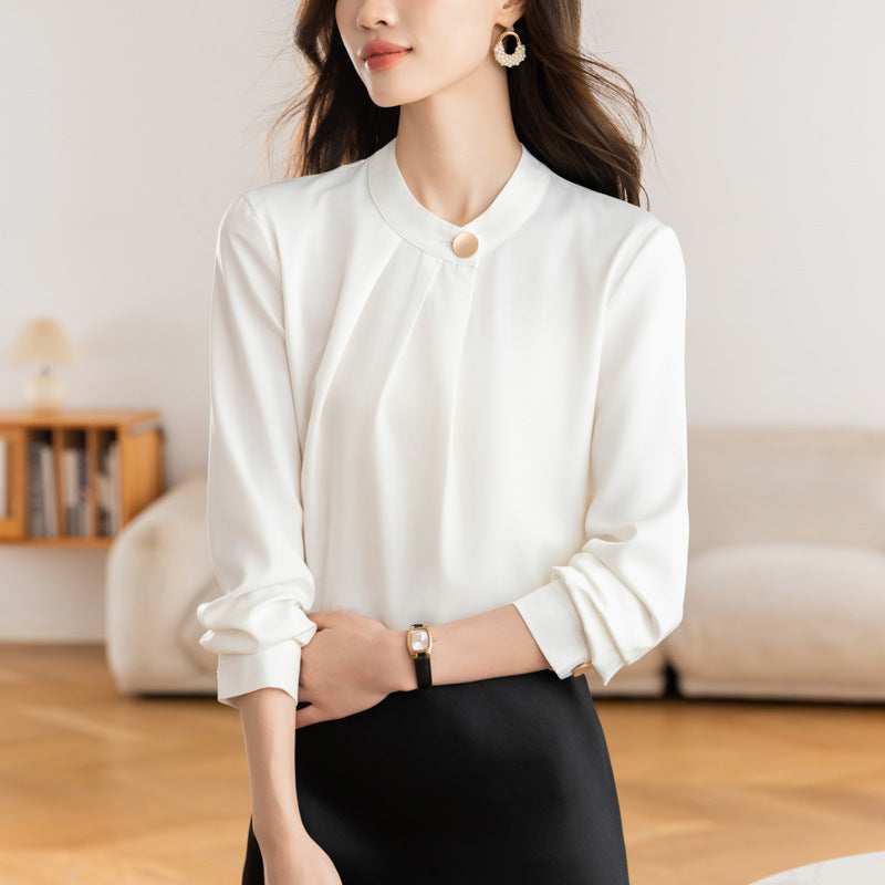 Elegant French‑Style Long‑Sleeve Chiffon Blouse – Light Gray/White
